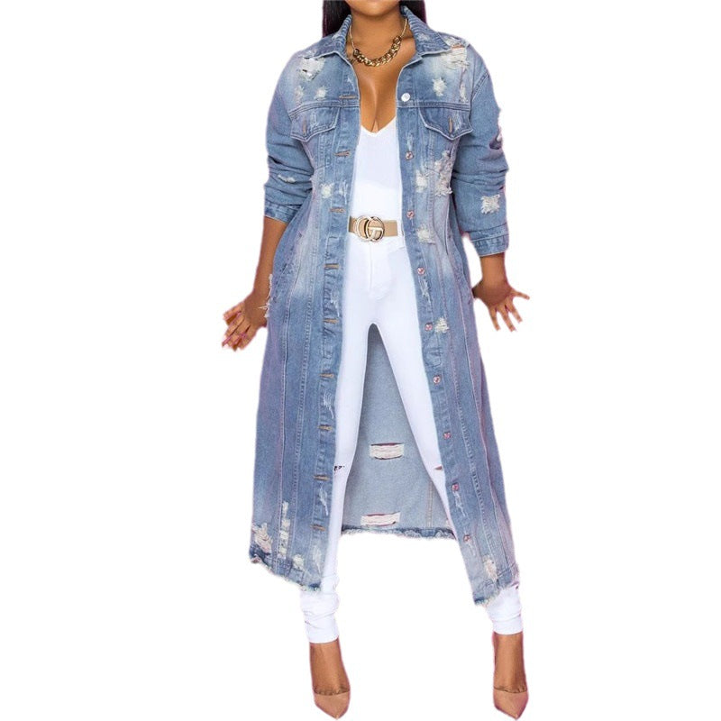 Women's denim jacket in a long casual style with distressed details Lune London