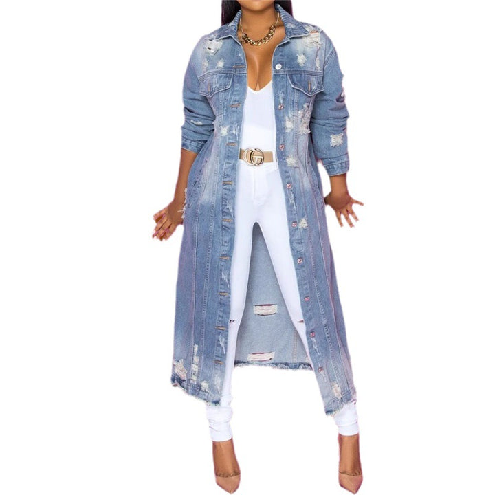 Women's denim jacket in a long casual style with distressed details Lune London