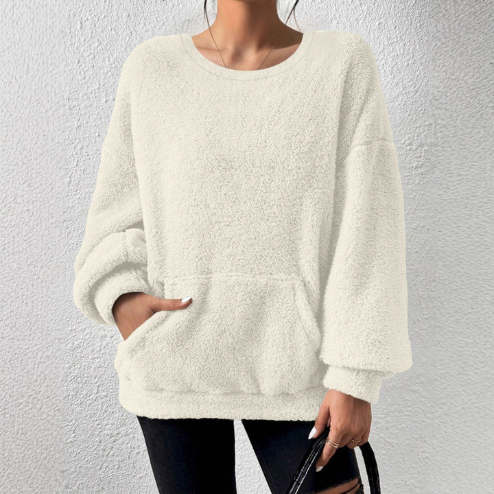 Ladies Cozy Oversized Sherpa Sweater with Kangaroo Pocket and Balloon Sleeves Amarae