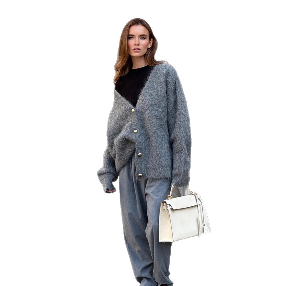 Women Fluffy Mohair-Optic Oversized Cardigan with V-Neck and Gold Decorative Buttons Amarae