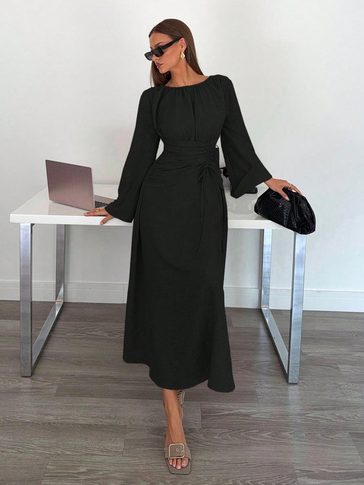 Ladies Max Dress with gathered waist lacing and bell sleeves Amarae