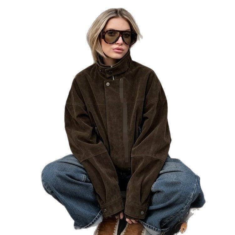 Women's Boxy Suede Bomber Jacket with High Stand Collar and Elastic Hem Amarae