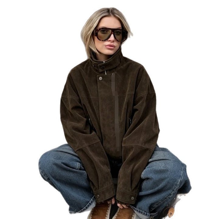 Women's Boxy Suede Bomber Jacket with High Stand Collar and Elastic Hem Amarae