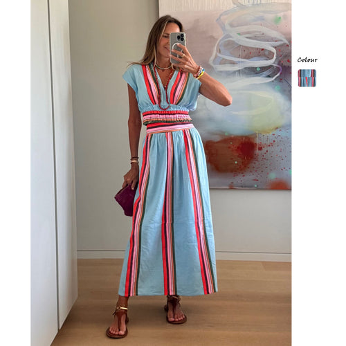 Ladies Beach Maxi Dress with Elastic Waistband and Colorful Striped Pattern Amarae