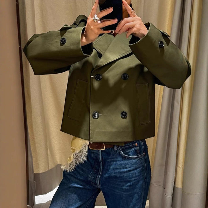 Women's Cropped Double-Breasted Trench Coat with Boxy Silhouette and Patch Pockets Amarae
