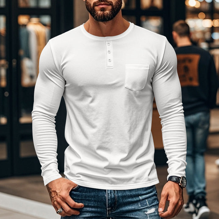 Men's long-sleeve shirt with modern Henley neckline and practical chest pocket Chic and style