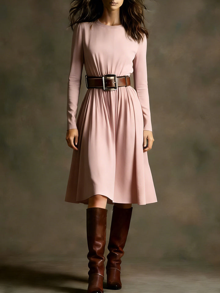 Women Elegant Dress with Long Sleeve and Waist Belt Chic & Stil