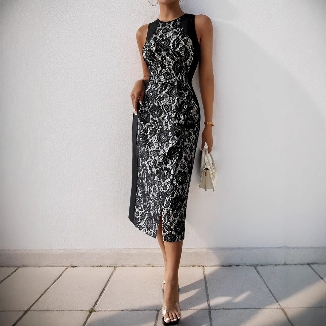 Elegant Midi Dress with Lace Detail and Chic Side Split