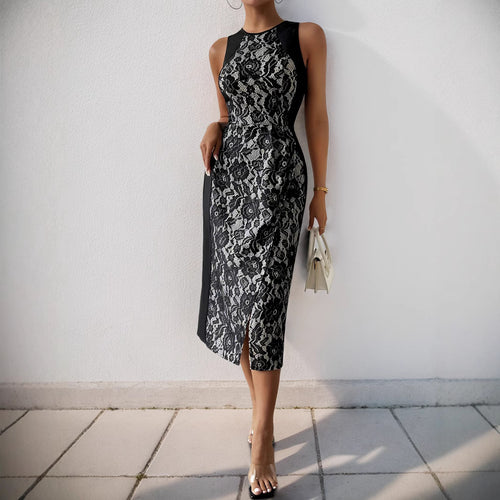 Elegant Midi Dress with Lace Detail and Chic Side Split