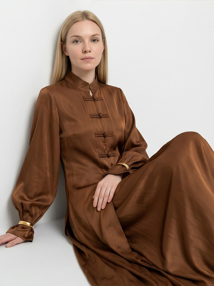 Women’s maxi dress with stand-up collar, traditional knot closure, and balloon sleeves Amarae
