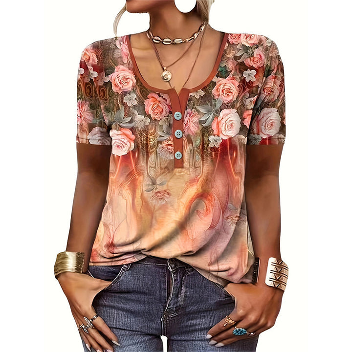 Short sleeve women's t-shirt with heart-shaped floral design and button placket Lune London