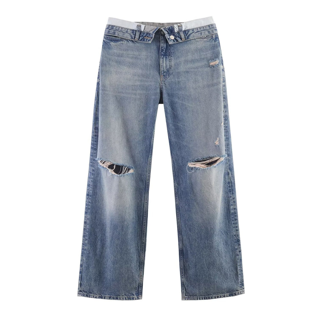 Ladies Wide-Cut Destroyed Jeans with Low Rise and Straight Leg Amarae