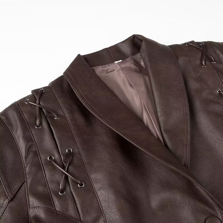 Ladies elegant faux leather jacket with adjustable belt and decorative lace details Lune London