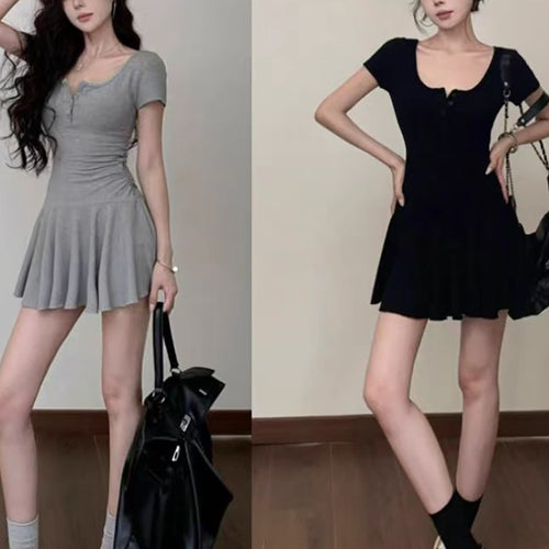 Women's casual dress with stylish ruffle hem and button detail