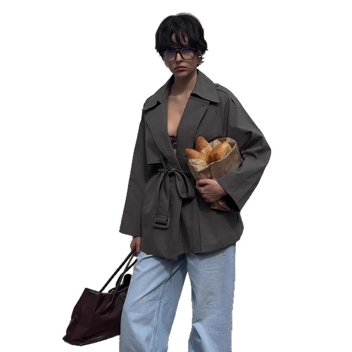Women Short Trench Coat with Tied Belt and Oversized Sleeves Amarae