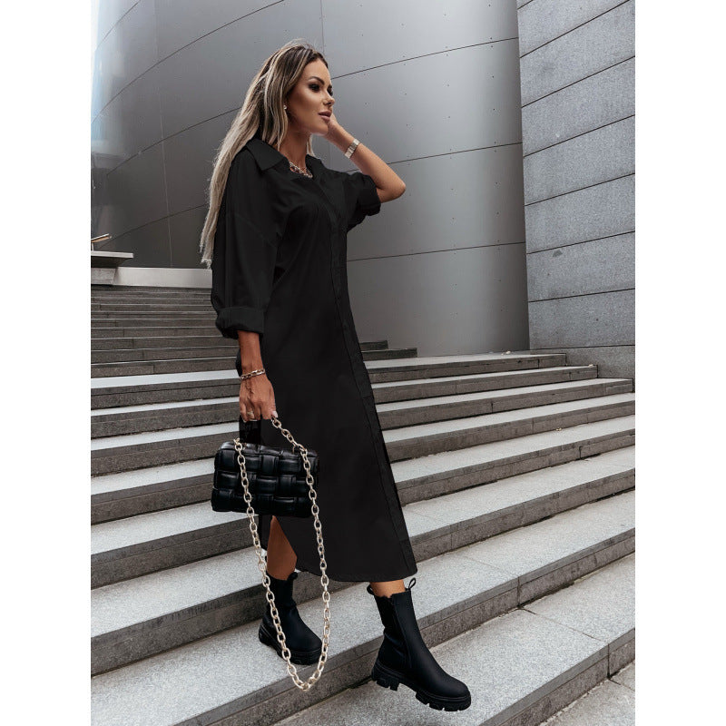 Women's Long Oversized Shirt Dress with Continuous Button Placket, Cuffed Sleeves and Deep Side Slit Amarae