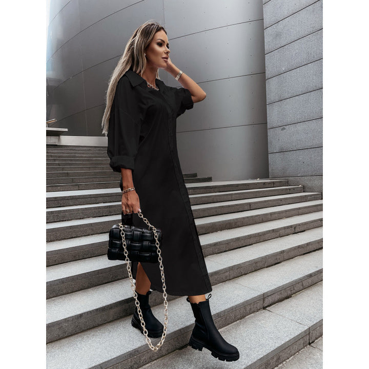 Women's Long Oversized Shirt Dress with Continuous Button Placket, Cuffed Sleeves and Deep Side Slit Amarae