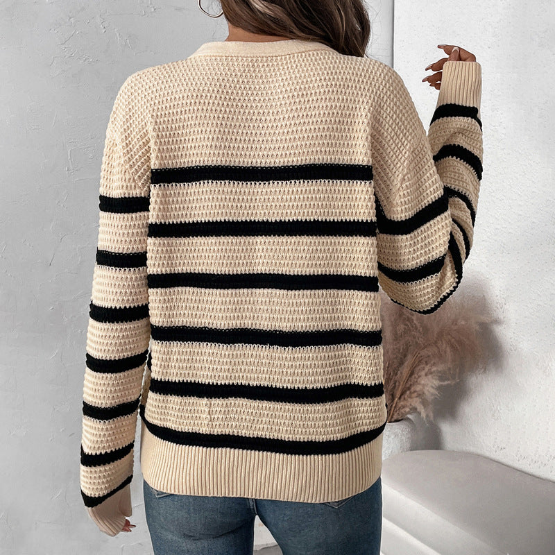 Fashionable knit sweater for women with button placket and striped pattern Lune London