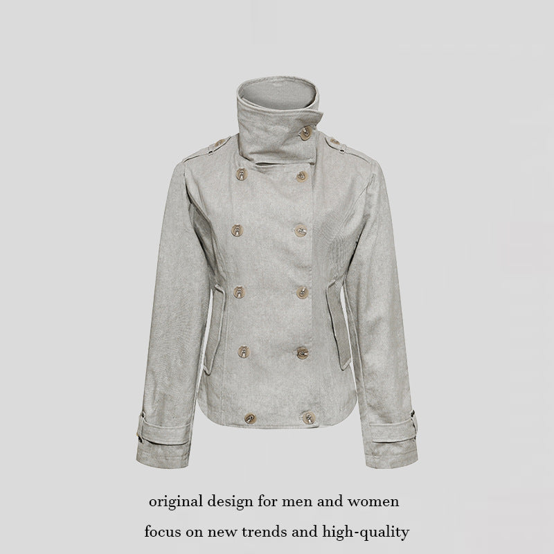 Women Short Double-Breasted Peacoat with Stand Collar and Waist Amarae