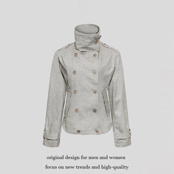 Women Short Double-Breasted Peacoat with Stand Collar and Waist Amarae