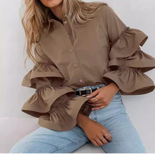 Blouse for ladies with button placket and ruffled sleeves Lune London