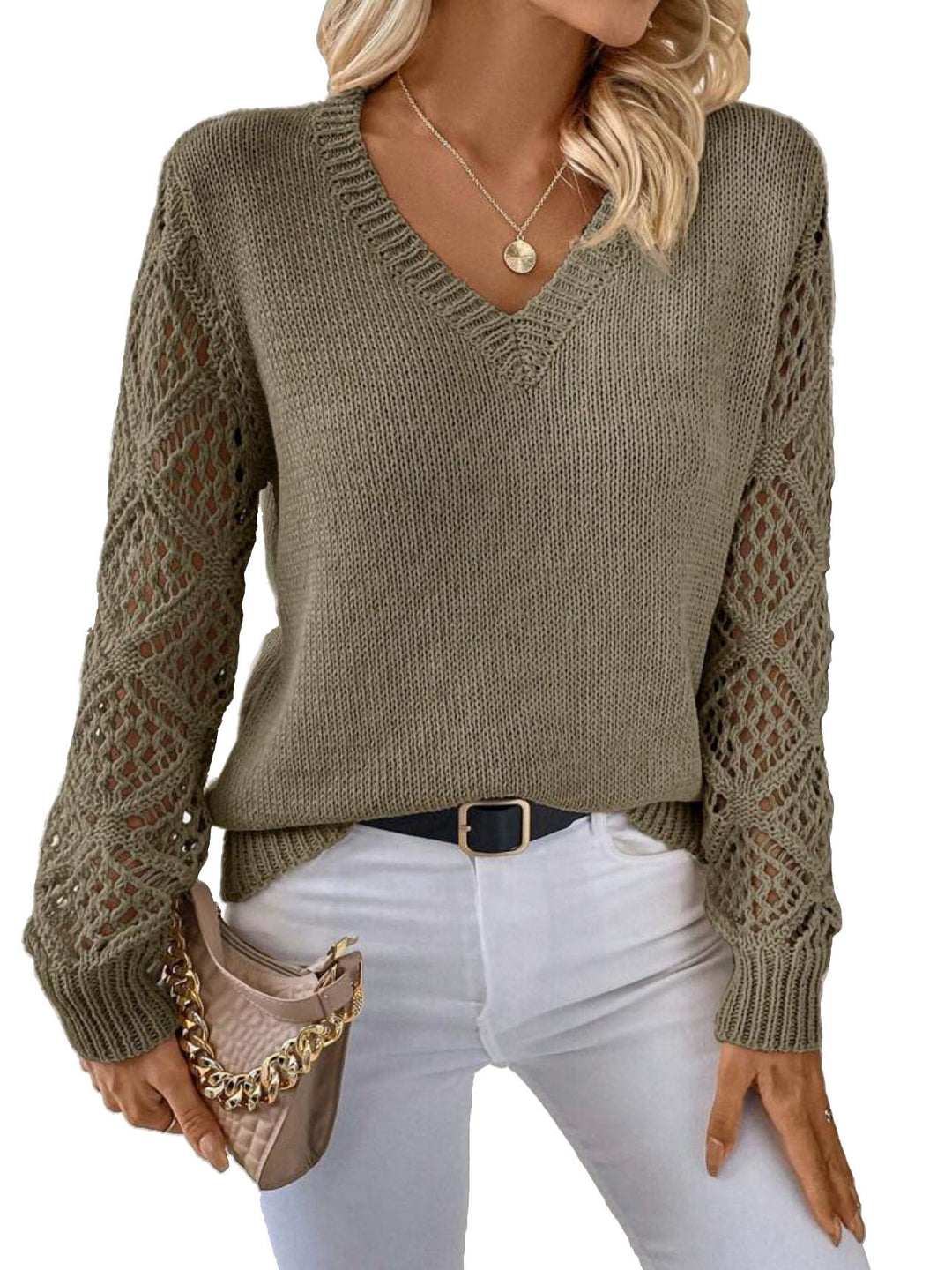 Casual V-neck knitted sweater for women with lace-up pattern Lune London