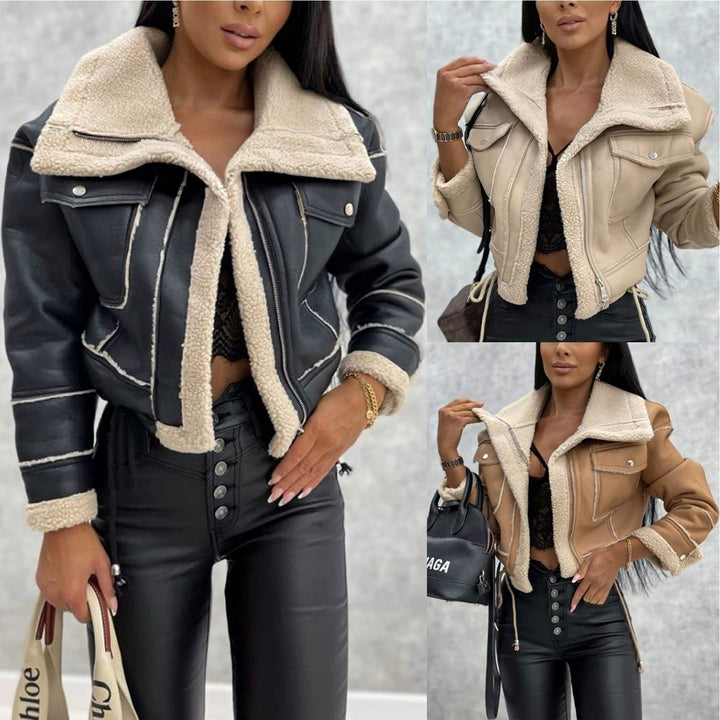 Cropped synthetic leather jacket for women with Teddy fur lining Amarae