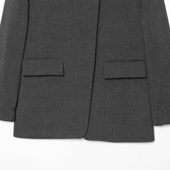 Women Checked Long Blazer with Stand Collar, Concealed Button Placket and Flap Pockets Amarae