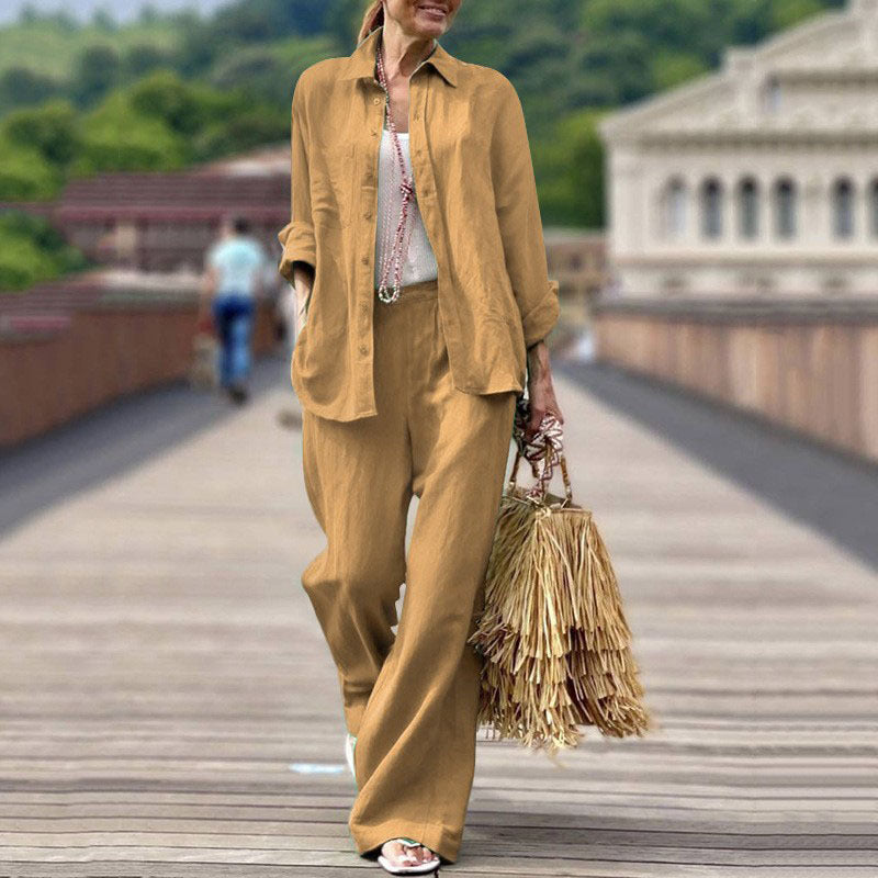 Women's Lightweight Linen Two-Piece Set with Loose Shirt Blouse and Wide High-Waist Pants Amarae