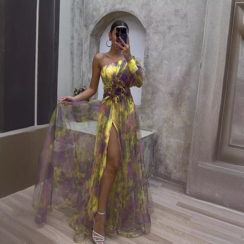 Women's evening dress with asymmetric design and floral accents Amarae