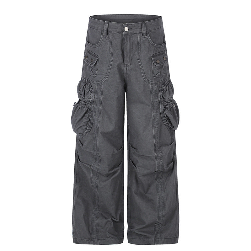 Women's wide utility cargo pants with gathered side pockets and decorative seams Amarae