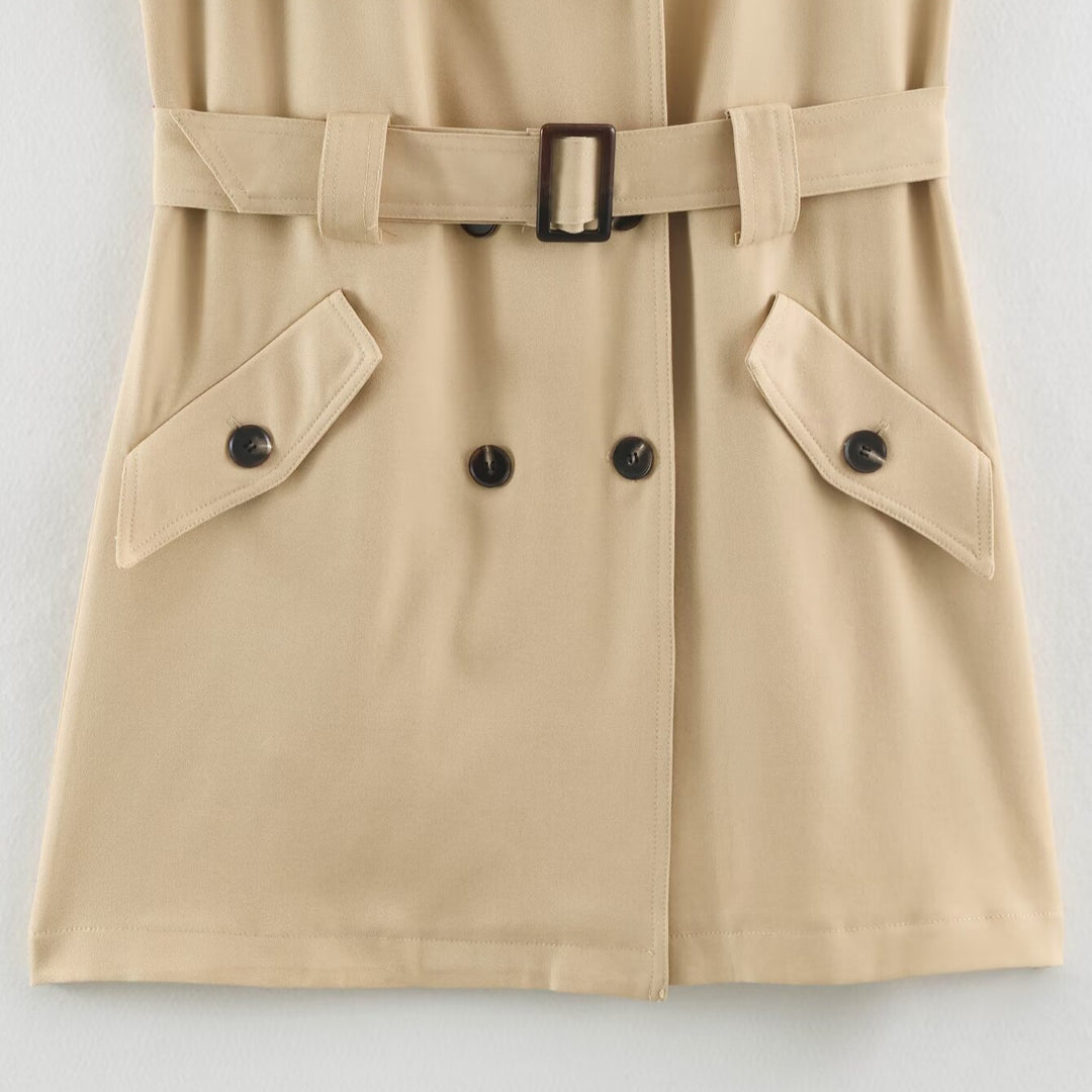 Women's Sleeveless Tailored Trench Dress with Tie Belt and Flap Pockets Amarae