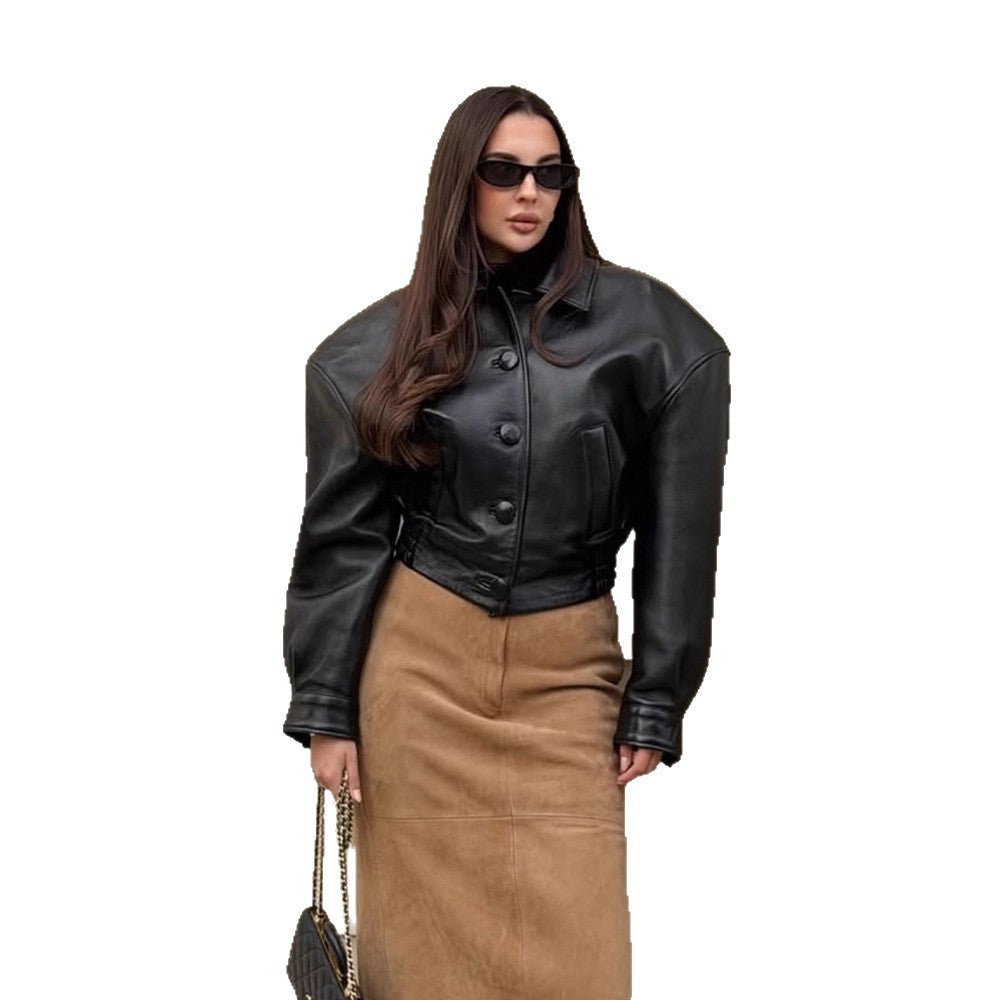 Women's short jacket made of vegan leather imitation in boxy cut with oversized shoulders and hidden button placket Amarae