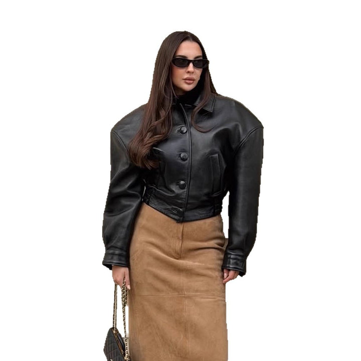 Women's short jacket made of vegan leather imitation in boxy cut with oversized shoulders and hidden button placket Amarae