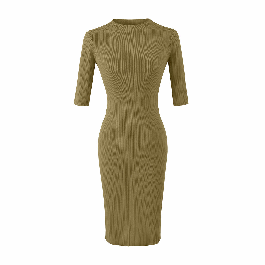 Women's fitted ribbed midi dress with half sleeves and stand-up collar Amarae