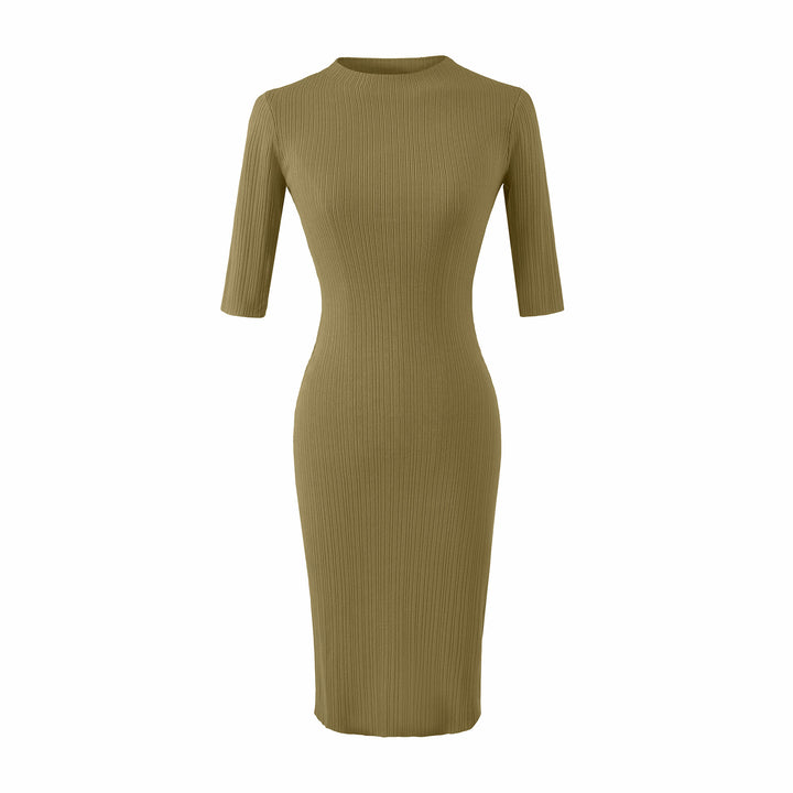 Women's fitted ribbed midi dress with half sleeves and stand-up collar Amarae