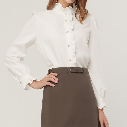 Button-up blouse with gathered high collar for women Amarae