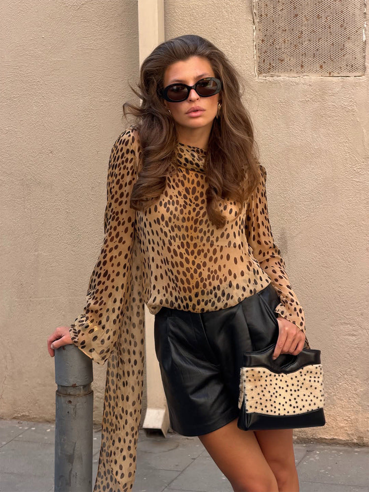 Women's Transparent Chiffon Blouse with Long Shawl Collar and Animal Print Amarae