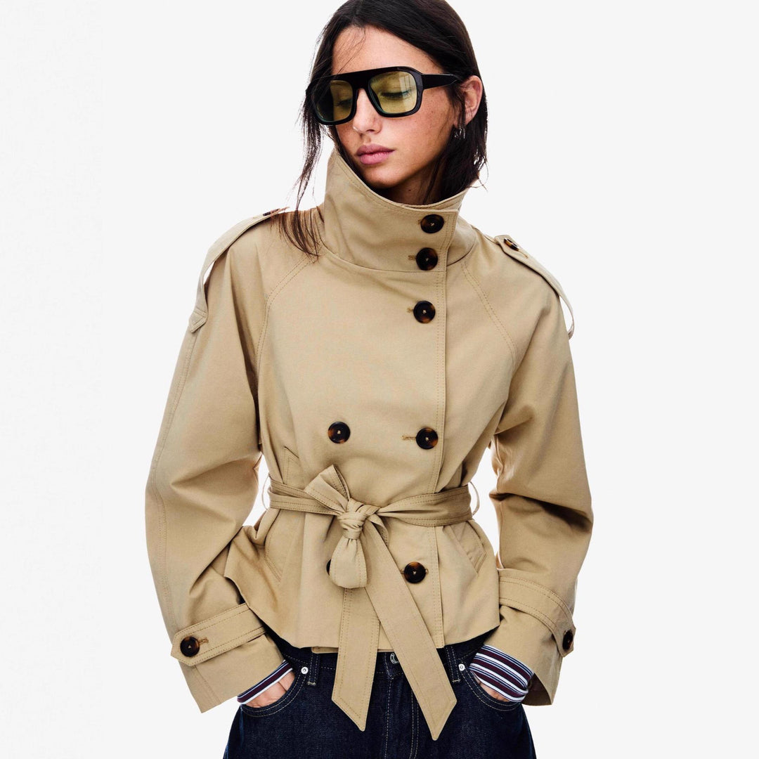 Women's Short Tailored Trench Coat with High Stand Collar and Tie Belt Amarae