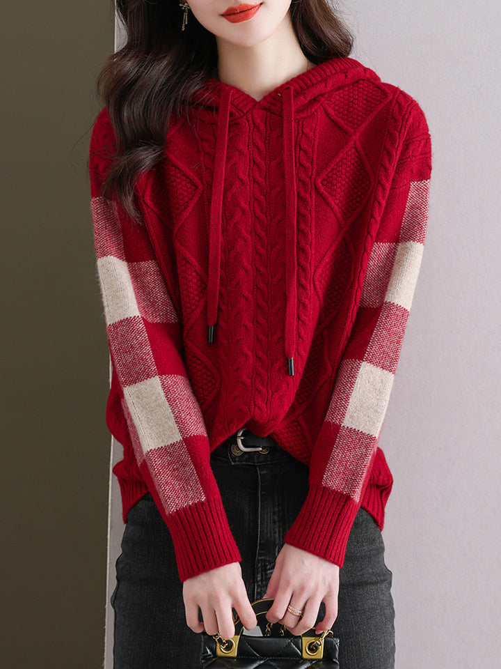 Knitted sweater for women with hood and chic tartan pattern Lune London