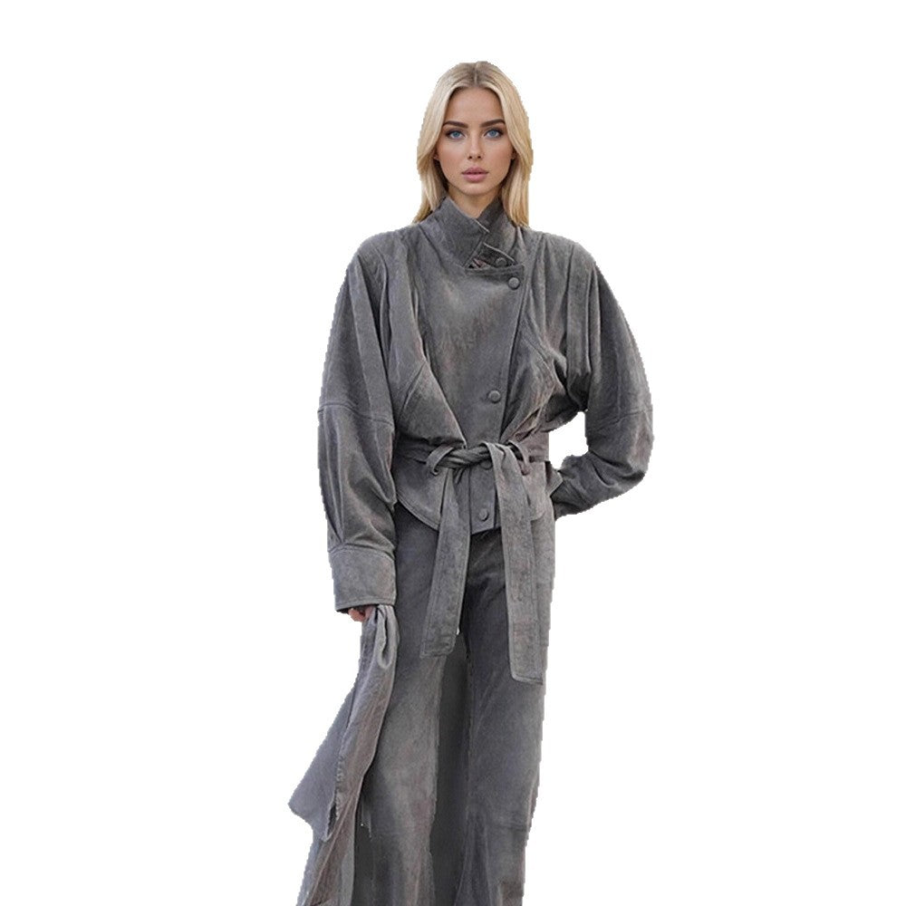 Women's short jacket made of faux suede with a high stand-up collar, waist belt, and boxy oversized silhouette Amarae