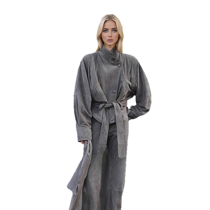 Women's short jacket made of faux suede with a high stand-up collar, waist belt, and boxy oversized silhouette Amarae