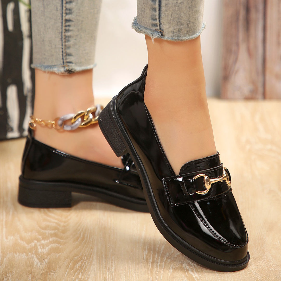 Ladies Patent Leather Platform Loafer with Gold Horsebit Detail and Low Block Heel Amarae