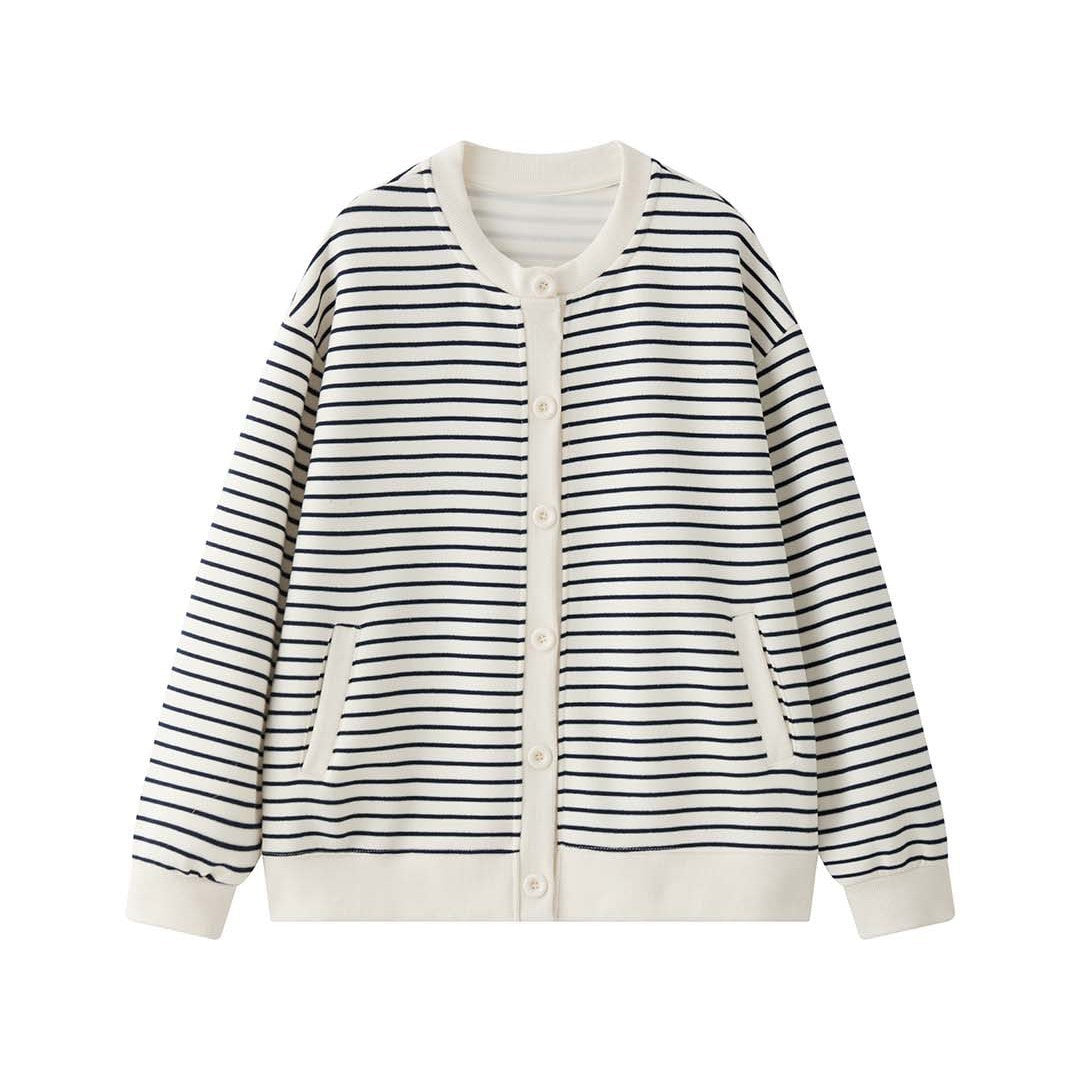 Women's Striped Knit Cardigan Jacket with Button Closure, Side Pockets and Ribbed Cuffs Amarae