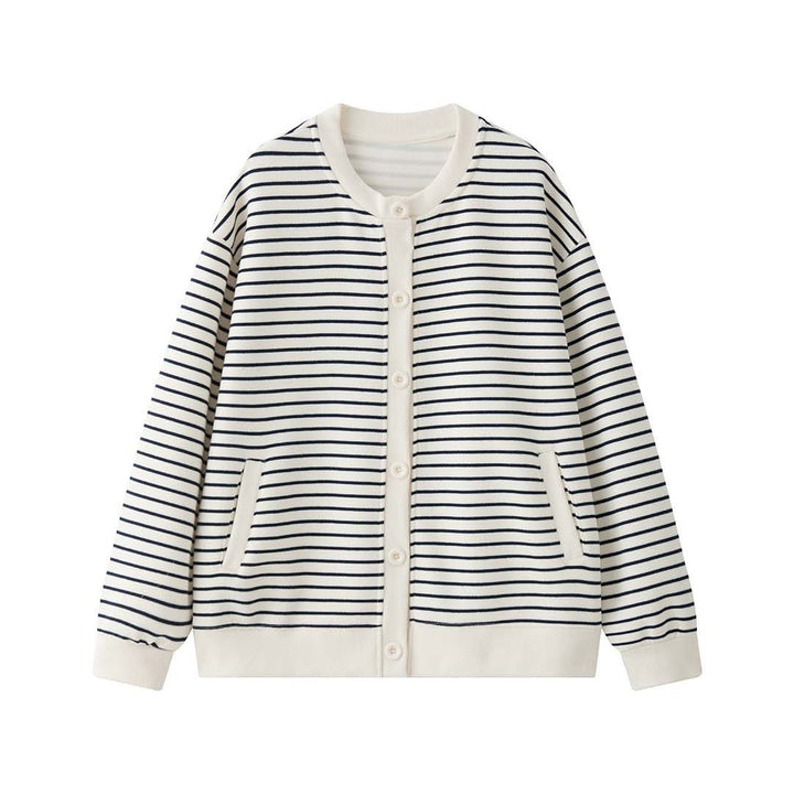 Women's Striped Knit Cardigan Jacket with Button Closure, Side Pockets and Ribbed Cuffs Amarae