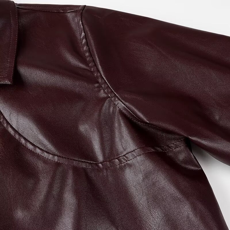 Women's Shiny Leather-Look Blouson Jacket with Shirt Collar, Zipper and Elastic Hem Amarae