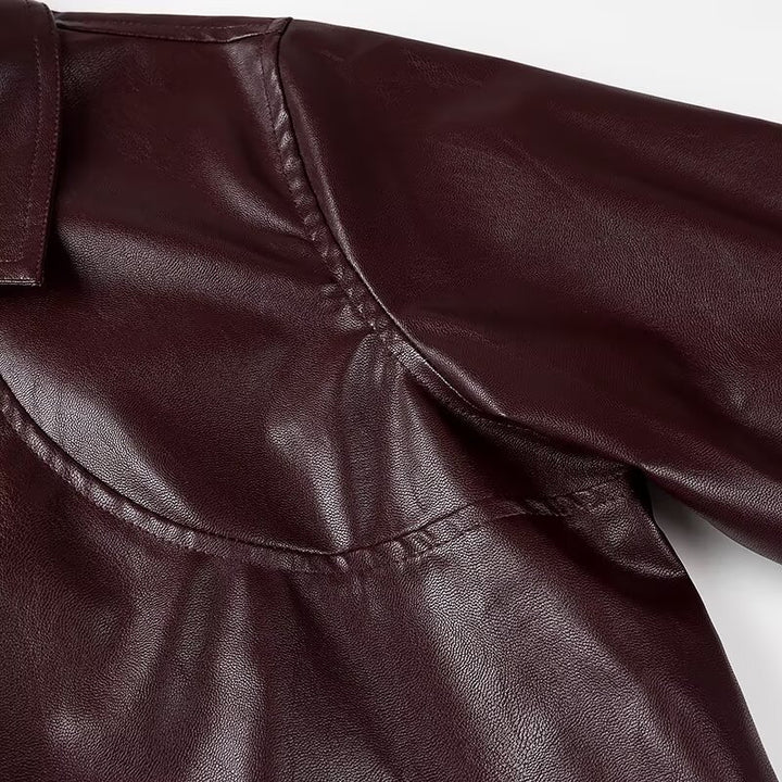 Women's Shiny Leather-Look Blouson Jacket with Shirt Collar, Zipper and Elastic Hem Amarae