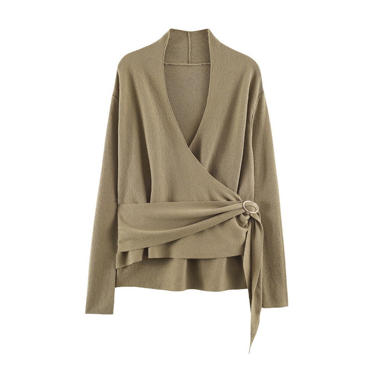 Women's wrap knit sweater with belt ring and deep V-neck Amarae