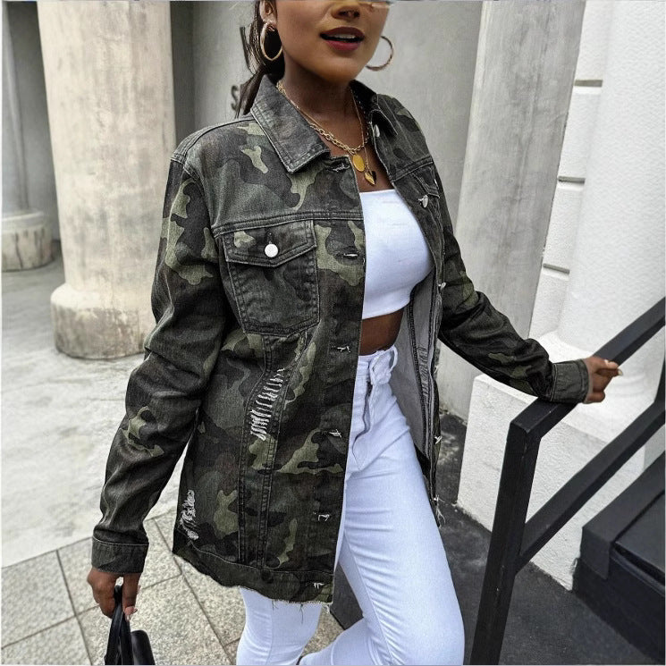 Women Oversize Camouflage Denim Jacket in Extended Cut with Frayed Hem Amarae