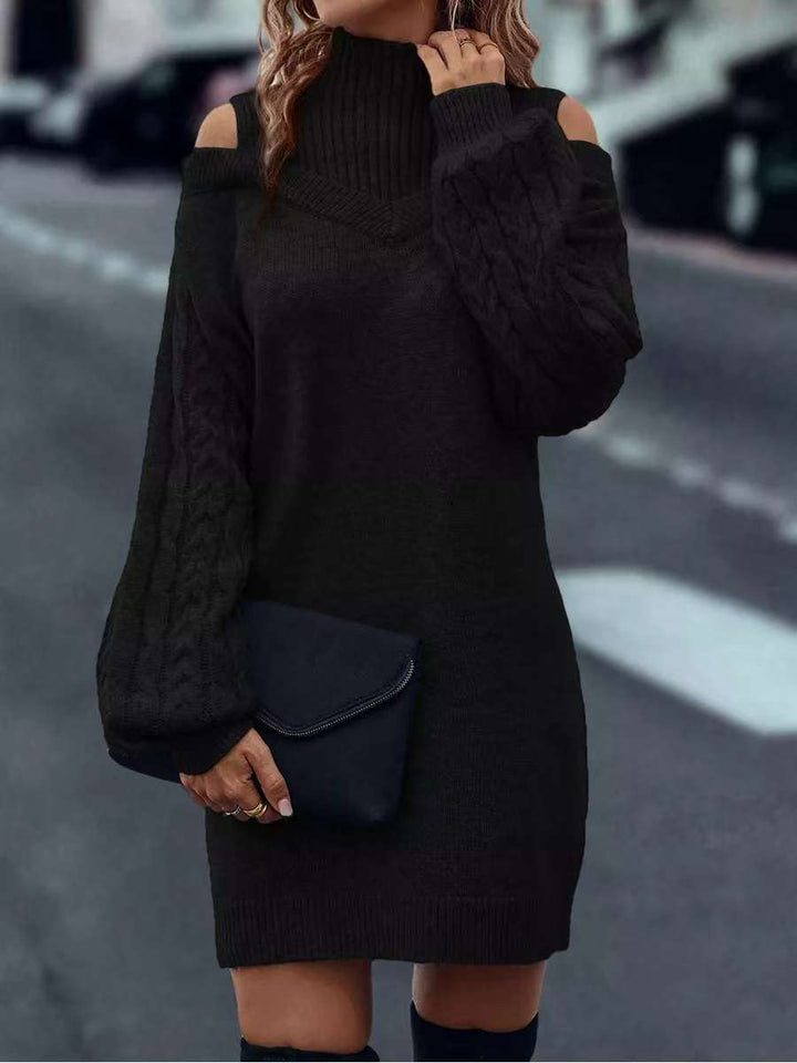 Knit dress for women with off-the-shoulder design and structured high collar Lune London